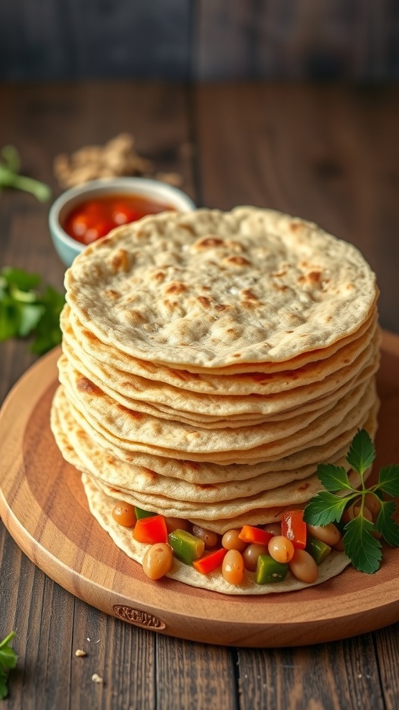 A stack of golden oat tortillas on a wooden table, with some filled with vegetables and a bowl of salsa.